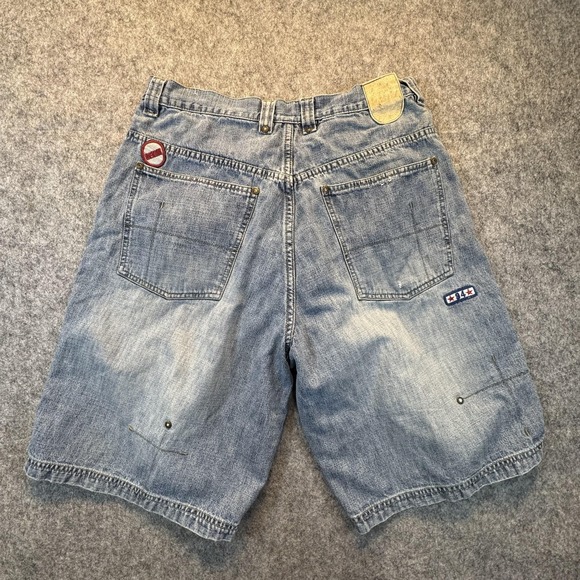 PJ Jeans Shorts Mens 36 Blue Denim Bermuda Relaxed Fit Distressed 94 Patches - Picture 9 of 16